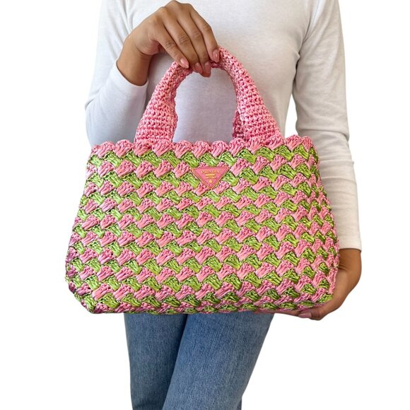 PRADA Vintage Logo Raffia Mini Tote Bag Pink Green Polyethylene [105145] - Picture 4 of 11
